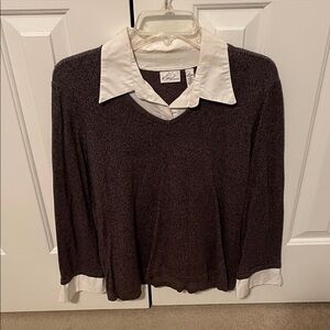 Kim Rogers Women's Brown/Gray Sweater with White Collar/Cuffs Large (Like New)